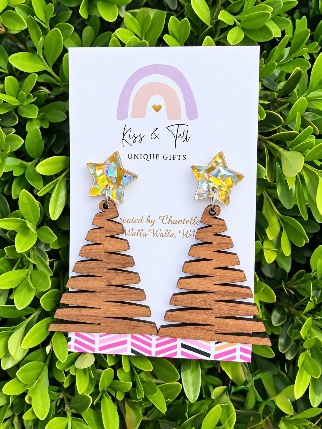 Wooden Zigzag Christmas Tree Dangle Earrings