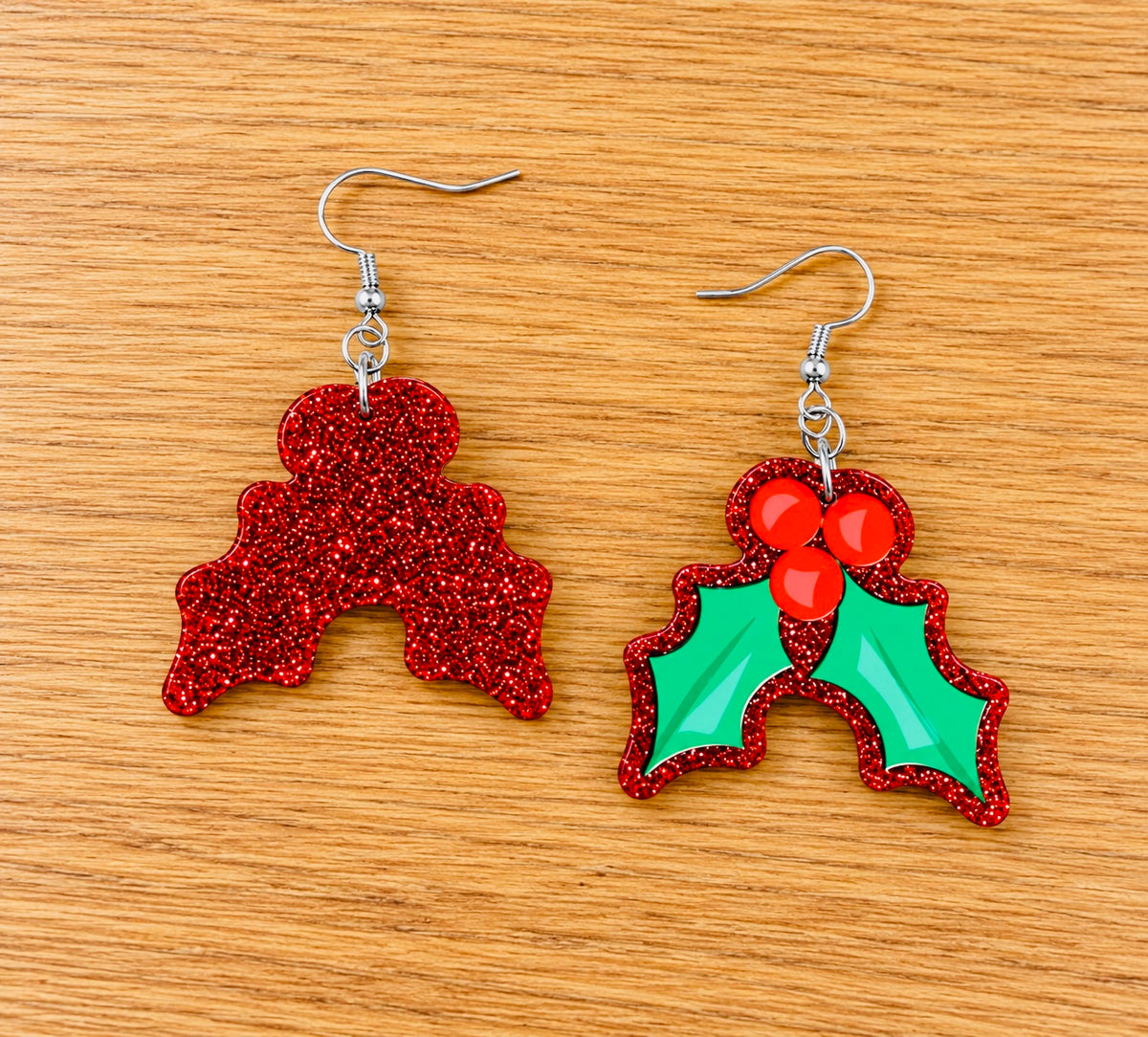 Red Glitter Christmas Holly Dangle Earrings