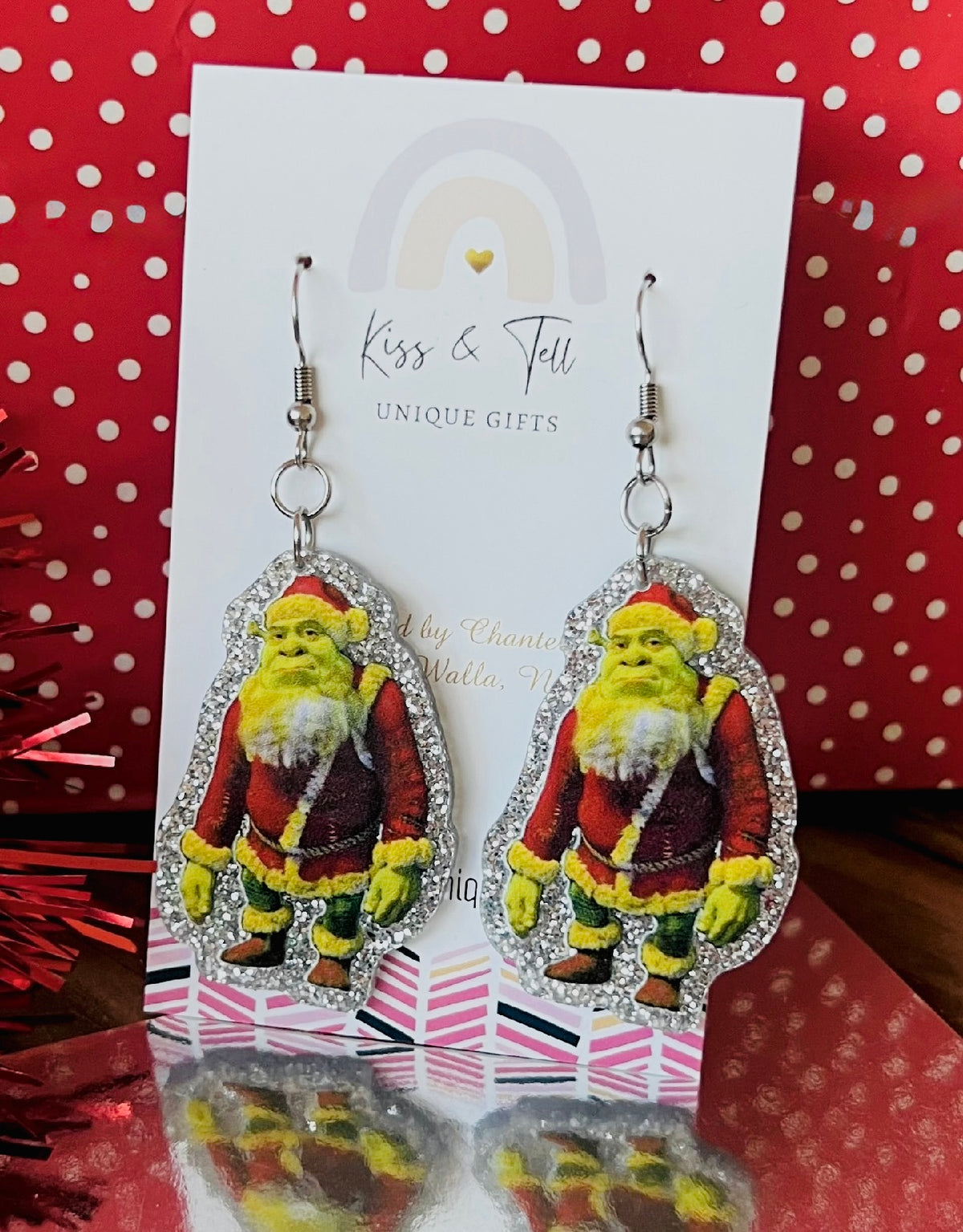 * SALE *  Shrek Silver Glitter Christmas Dangle Earrings