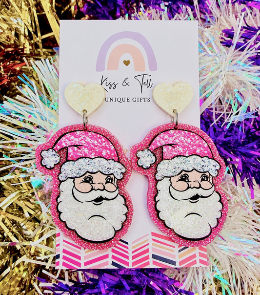 Pink Glitter Santa Dangle Earrings