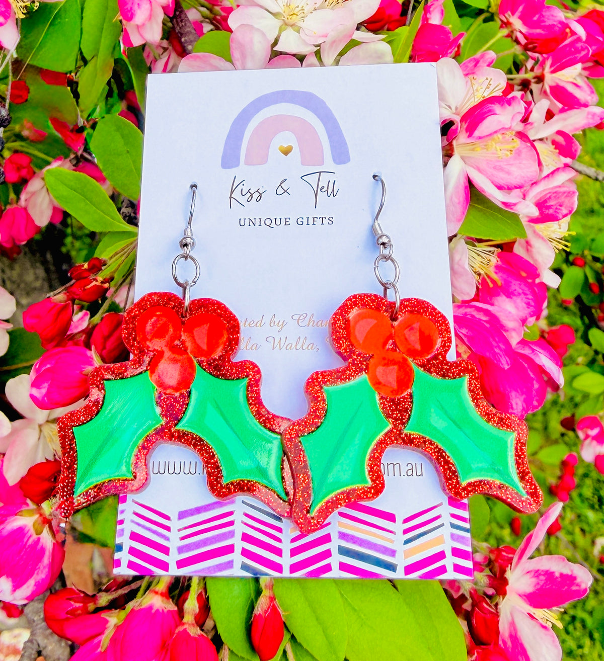 Red Glitter Christmas Holly Dangle Earrings