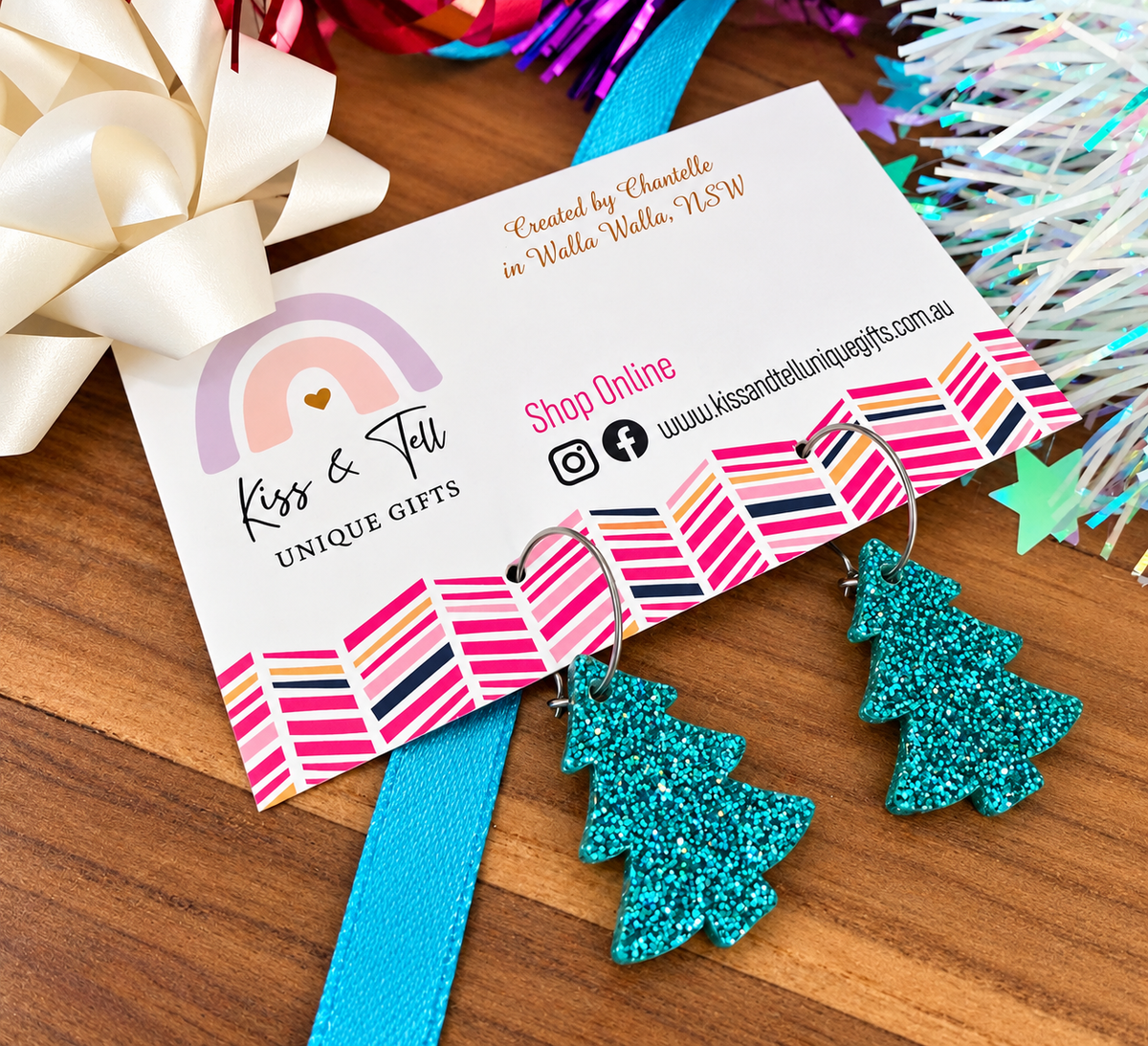 Turquoise Glitter Christmas Tree Dangle Earrings