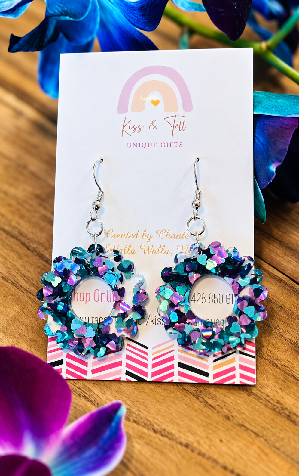 * 1 LEFT *  Peacock-Glitter Hearts Dangle Earrings