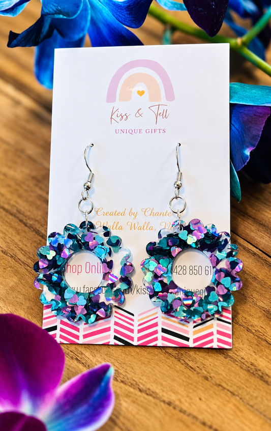 * 1 LEFT *  Peacock-Glitter Hearts Dangle Earrings