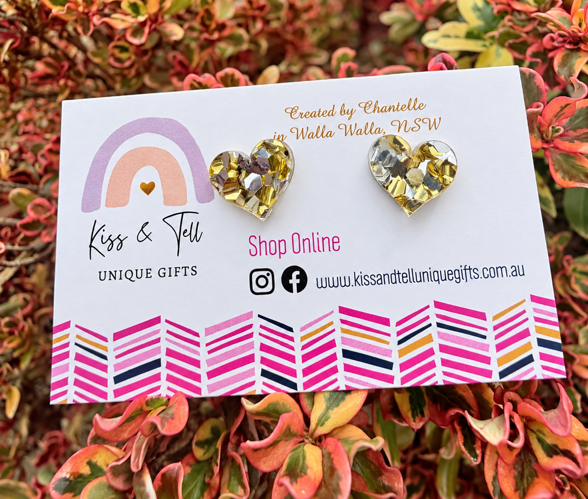Gold & Silver Glitter Heart Stud Earrings