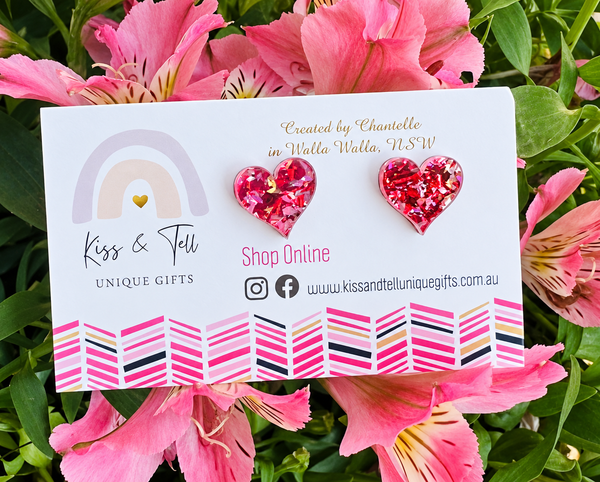 Red & Pink Glitter Heart Stud Earrings
