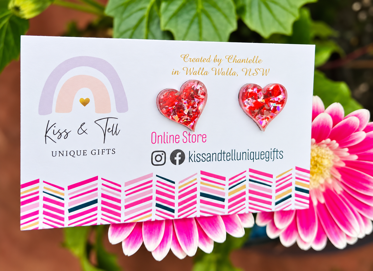 Red & Pink Glitter Heart Stud Earrings