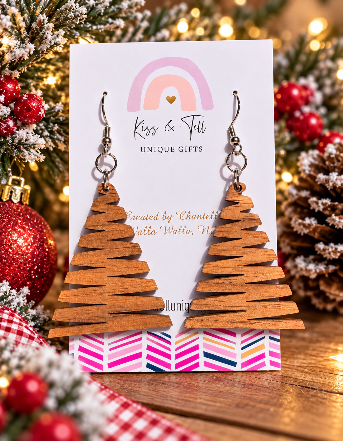 Wooden Zigzag Christmas Tree Dangle Earrings
