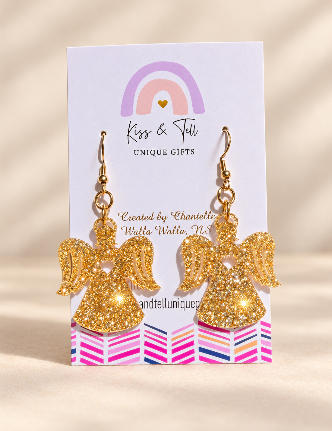 Sparkling Gold Glitter Angel Dangle Earrings