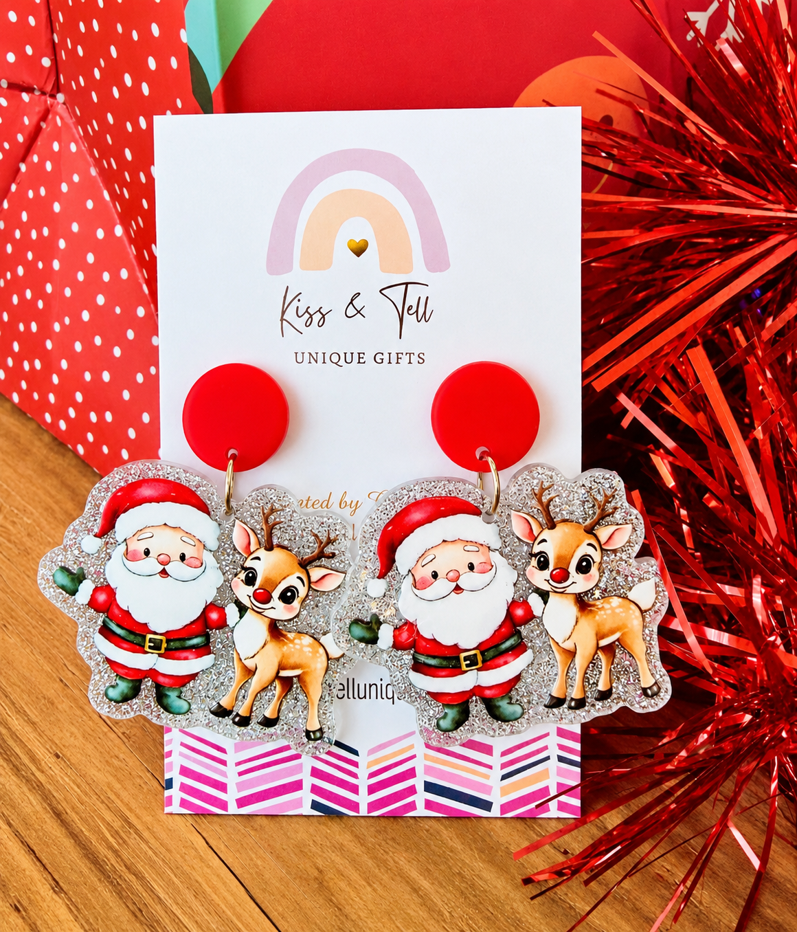Santa & Rudolph Silver Glitter Dangle Earrings