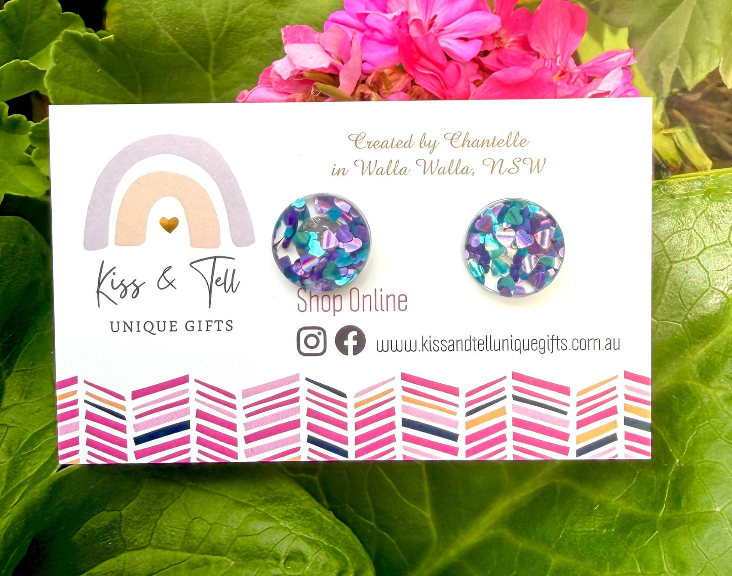 Peacock Glitter Hearts Stud Earrings