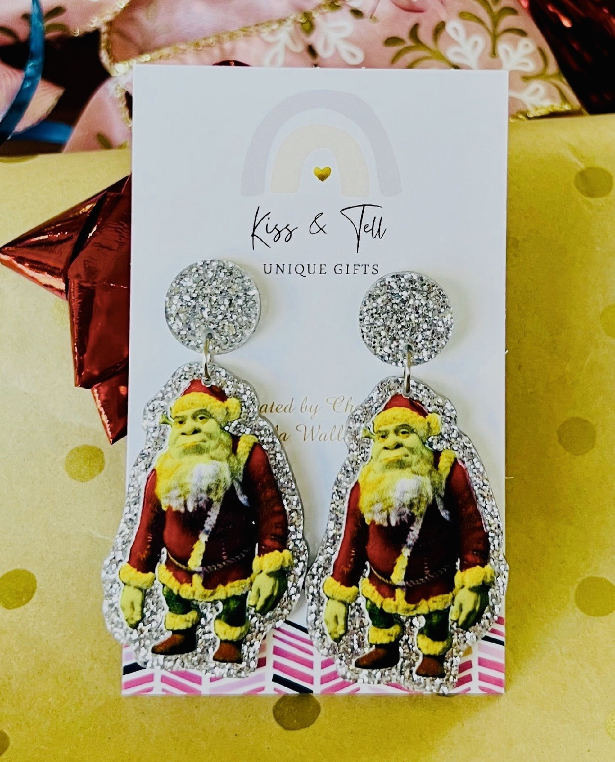 * SALE *  Shrek Silver Glitter Christmas Dangle Earrings