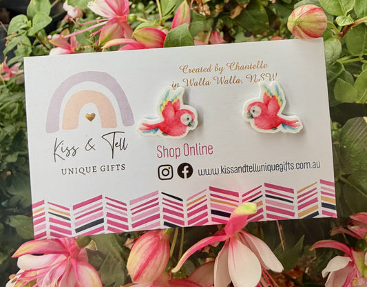 Pink Parrot Bird Stud Earrings