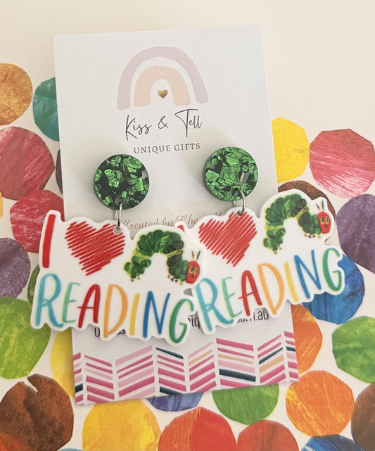 "I Love Reading" Caterpillar Earrings