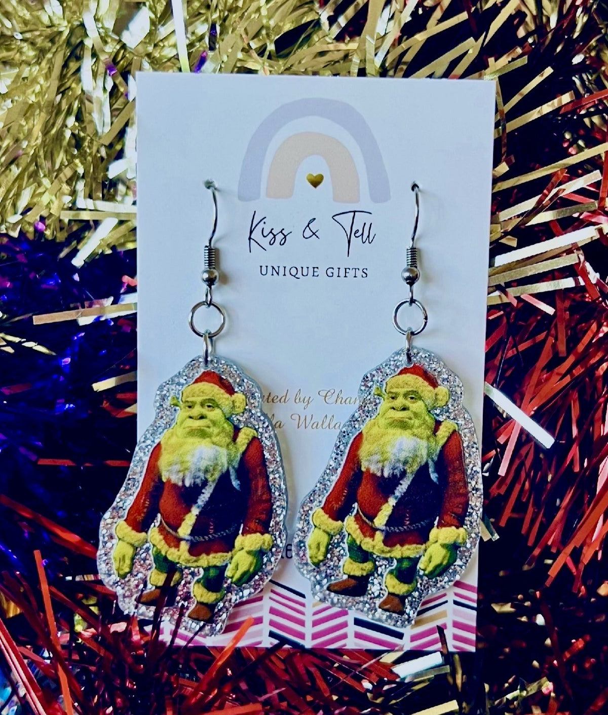 * SALE *  Shrek Silver Glitter Christmas Dangle Earrings