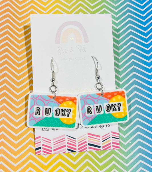 "R U OK" Square Dangle Earrings