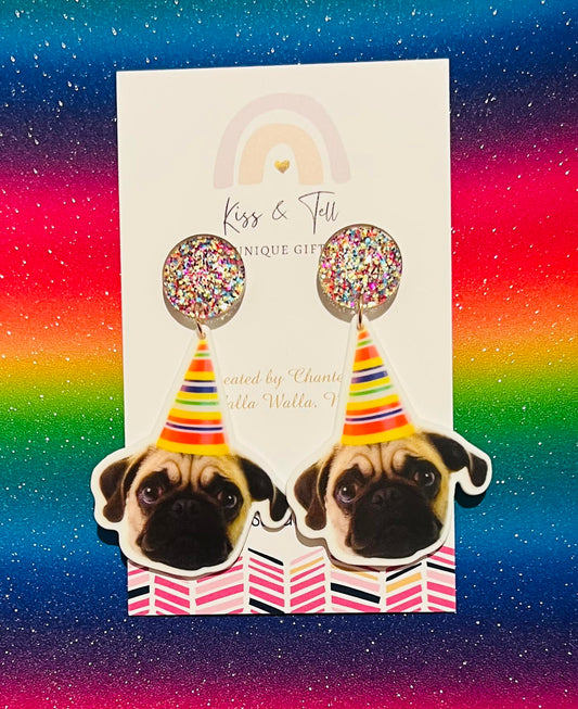 Birthday Pug Earrings