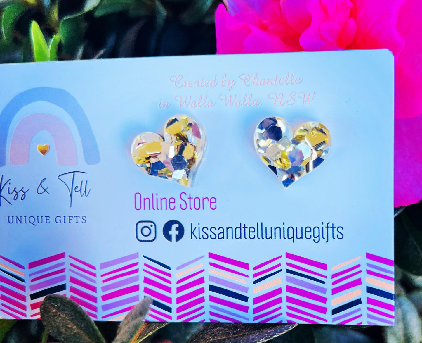 Gold & Silver Acrylic Heart Stud Earrings