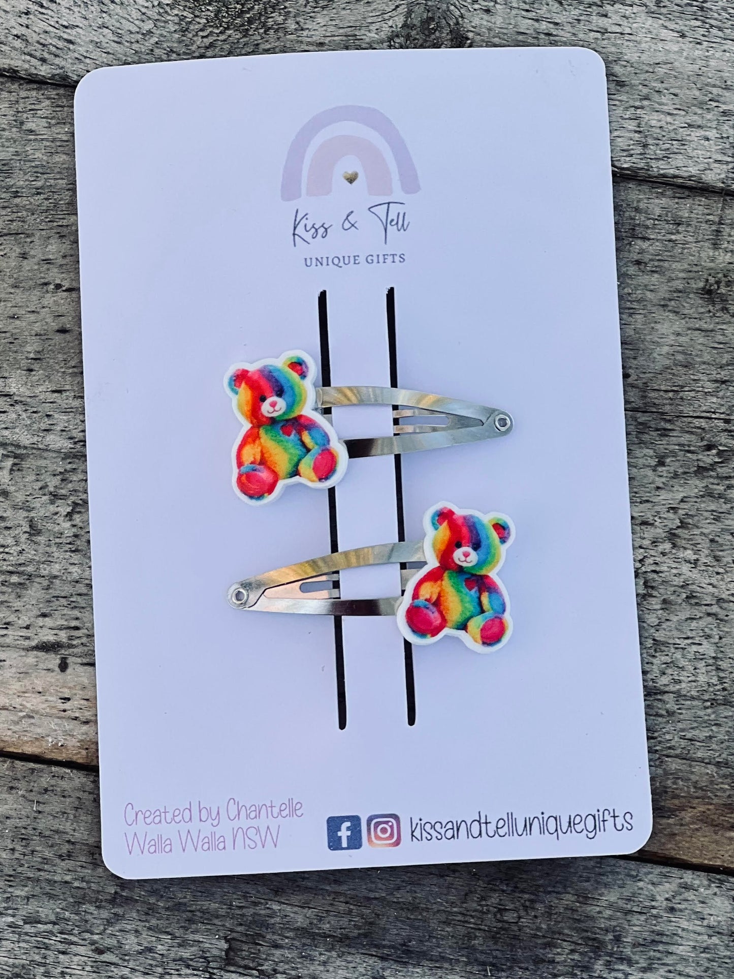 Rainbow Teddy Hair Clip Set