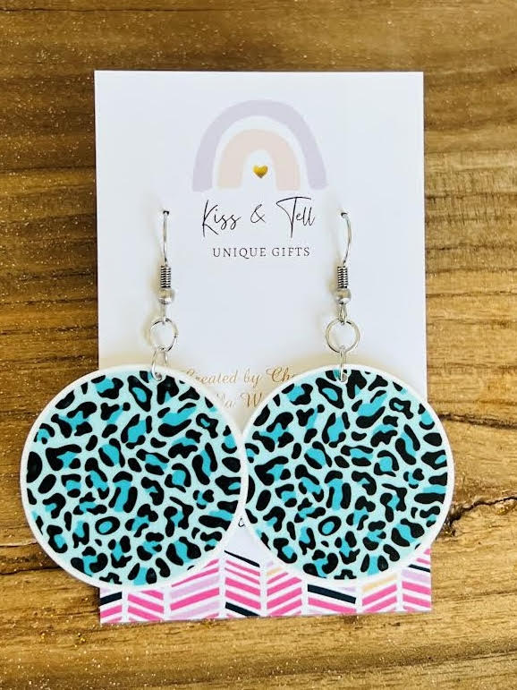 Teal Leopard Print Circle Earrings