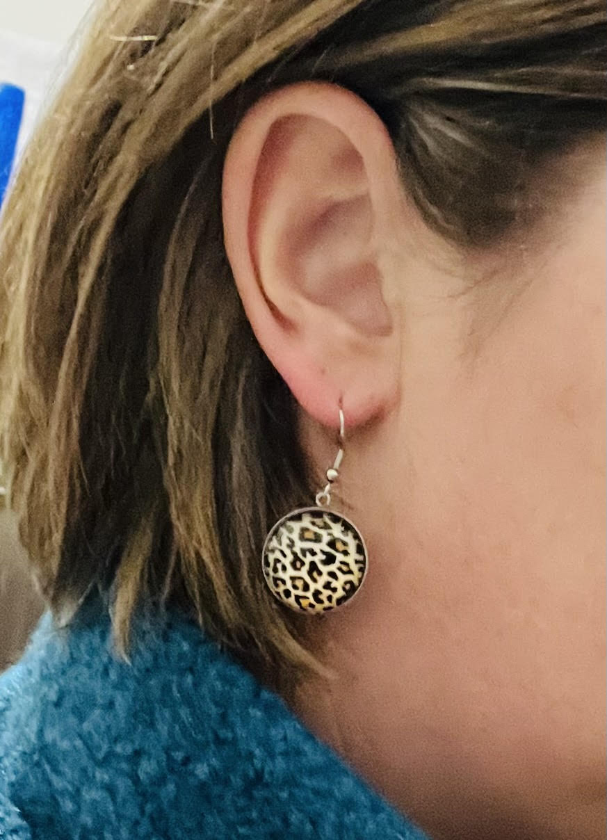 Leopard Print Silver Dangle Earrings