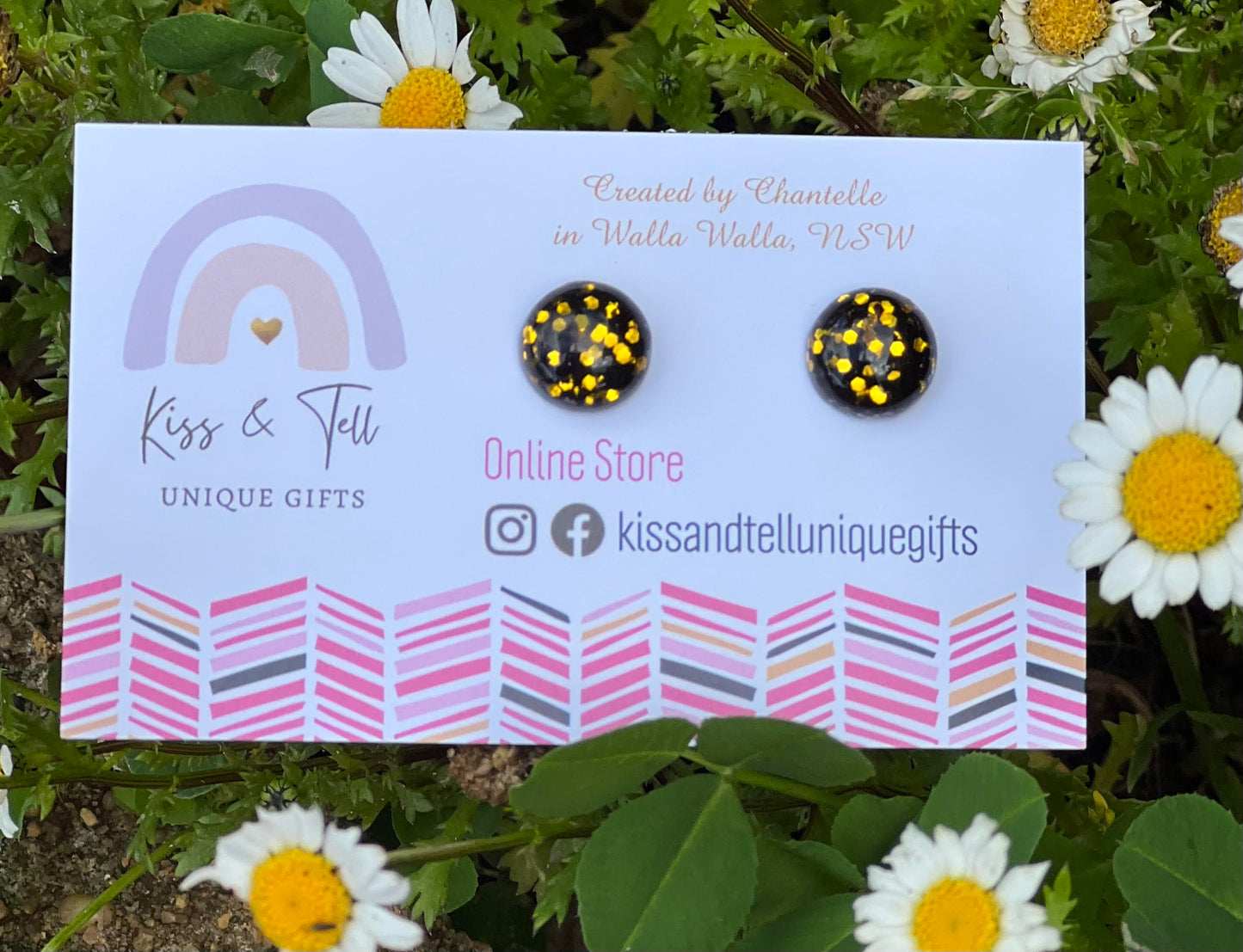 Black & Gold Sparkle Stud Earrings